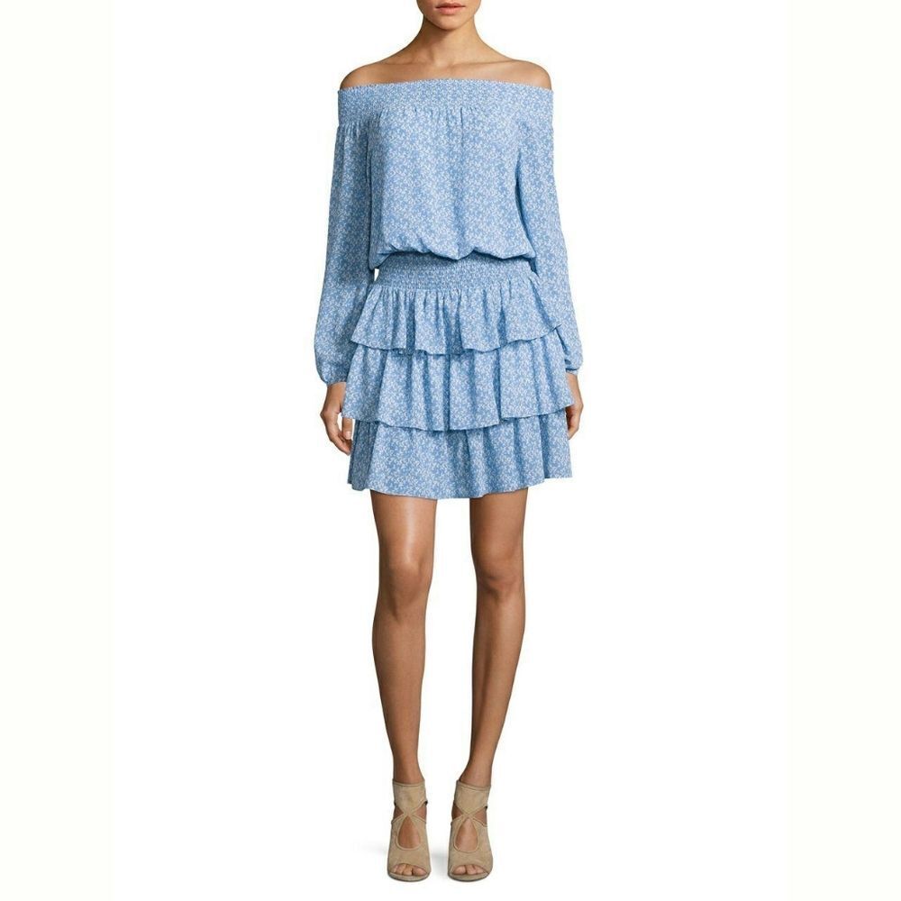 New! Michael Kors Women's Smocked Off-Shoulder Ruffle Dress Blue White Xs